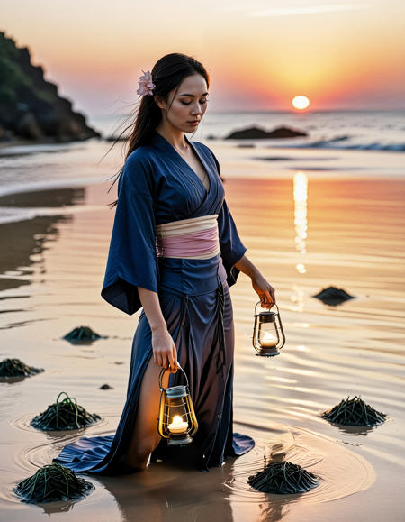 Realistic image of a beautiful woman, Asian woman, dark hair, <lora:Ai_Lotus:0.75>, pale beauty, (((pale skin))), <lora:Pale_Beauty:0.4>,<lora:muromachi86:0.6>, Tidal-flat harvest at sunset: a woman in straw kasa and indigo kimono wades in shallow water gathering seaweed, wet sand reflecting pink sky, 24 mm wide, high-res detail on sea plants and shells. ,low light, soft natural light, Rembrandt style light, Hasselblad DLSR camera, 200mm Zeiss lens, f/2.8 ,Sexy pose, erotic pose, exhibitionism, ,tropical island with floating lanterns