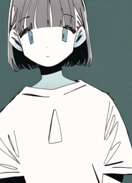 1girl, solo, looking at viewer, short hair, bangs, blue eyes, simple background, white background, closed mouth, monochrome, upper body, short sleeves, blunt bangs, expressionless, bob cut, blue shirt, spot color, no nose, limited palette, halftonenipples,nude,ass<lora:soyatuminimalist-08:1>