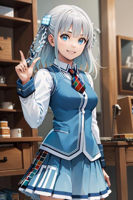 (masterpiece, best quality:1.2), <lyco:os-tan_10-tan-10:0.9>, cowboy shot, solo, 1girl, madobe touko, smile, looking at viewer, hair ornament, vest, necktie, long sleeves, skirt