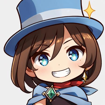 (masterpiece, best quality:1.2), chibi, solo, 1girl, trucy wright, grin, looking at viewer, top hat, dress, cape, scarf, earrings, simple background, sparkle <lyco:DarkCabalChibiStyle:1> <lora:aa_trucywright:0.9>