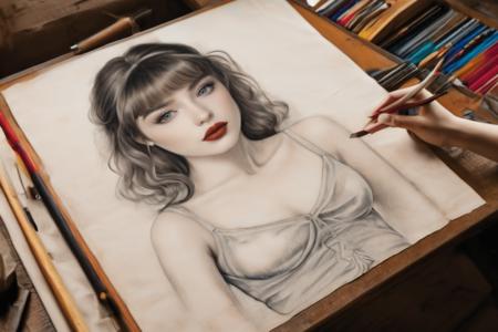 A hyper-realistic, anatomically correct sketch of a petite, beautiful young woman drawn on a piece of an aged, torn canvas with uneven edges. The composition features an over-the-shoulder perspective of an artist working at a glass drawing table surrounded by artistic tools like pencils, brushes, and erasers. The drawing appears incomplete with parts sketched in smudged lines and other areas faded to blank parchment, showcasing intricate shading and detail. The subject of the drawing is a young woman with big, captivating blue eyes, luscious red lips, and intricately detailed, HairColors loose curls hair style with HairBangs bangs. She is depicted wearing a translucent, flowing gossamer gown. The artistâs hand is visible in the foreground, holding a pencil and brush with precise placement and realistic anatomy. Subtle, natural lighting casts soft, realistic shadows across the scene, emphasizing the texture of the parchment and creating an immersive artistic room environment.
