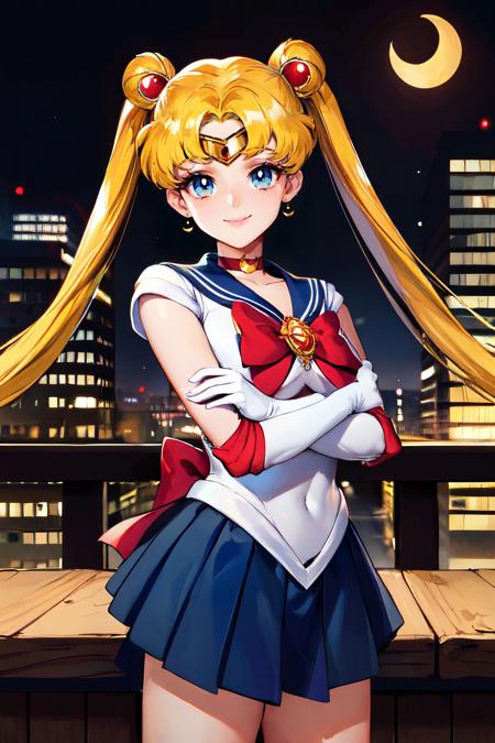 serena tsukino, blue eyes, parted bangs, blonde hair, long hair, twintails, circlet, crescent earrings, hair ornament, red choker, jewelry, leotard, sailor senshi uniform, blue sailor collar, elbow gloves, white gloves, red bow, blue skirt, pleated skirt