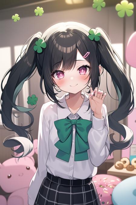 MARUMOCHI,1girl, hair ornament, clover, bow, twintails, smile, stuffed toy, green bow, solo, clover hair ornament, long hair, four-leaf clover, stuffed animal, green nails, black hair, hairclip, shirt, skirt, low twintails, doughnut, bangs, collared shirt, white shirt, stuffed bunny, plaid, long sleeves, food, bowtie, looking at viewer, pink bow, four-leaf clover hair ornament, hair bow, nail polish, sweater, blush, pink eyes