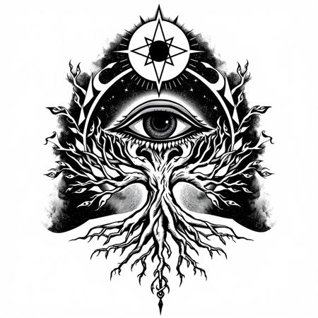 tattoo design, occult hermetic symbolism, eclipse, eye, roots, tree of life, chaos star
