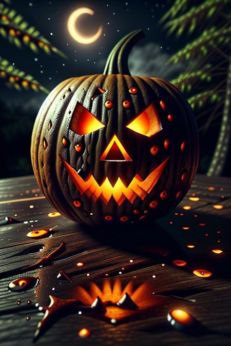 Close up of an evilHalloween pumpkin on a wooden wet table in a dark rainy and misty forest at night. The trees are black. The full moon appears behind the dark clouds behind the trees and the blue moonlight blends in with the misty atmosphere. 8k render ensuring crisp and clear details with realistic shadows, reflections and vivid and vibrant colors. <lora:aidmaHyperrealism:0.5> aidmaHyperrealism, extremely high-resolution details, photographic, realism pushed to extreme, fine texture, incredibly lifelike, <lora:ImageUpgraderV2:0.5> detailmaximizer, easynegative, c4d, blender, raytracing, unreal engine 5, render 3d, OverallDetail