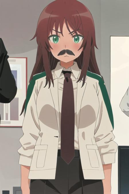 best quality, masterpiece, highres, solo, {kaneshiya_shitara_alicegearaegisexpansion:1.15}, long_hair, brown_hair, green_eyes, blush, 1girl, bangs, black_necktie, collared_shirt, jacket, necktie, shirt, white_shirt, black_jacket, upper_body, suit, fake_facial_hair, formal, fake_mustache, mustache, v-shaped_eyebrows