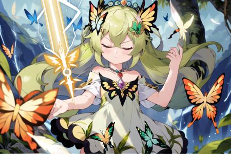 (pixiv masterpiece), masterpiece, best quality,
1girl, cute, kawaii,solo,  flat chest, green hair, closed eyes, expressionless, clover hair ornament, long hair, disheveled hair, messy hair, closed mouth, angel, green light magical runes between the forehead, lightning halo,  blank stare, standing,  butterfly, off shoulder Strapless dress, green dress, jewelry, necklace,  magic gem,
surrounded_by_floating_leaf, jungle, many trees,  (flying feathers:1.3), face focus., masterpiece, best quality
<lora:yijiang3.0:1><lora:GoodHands-vanilla:1>