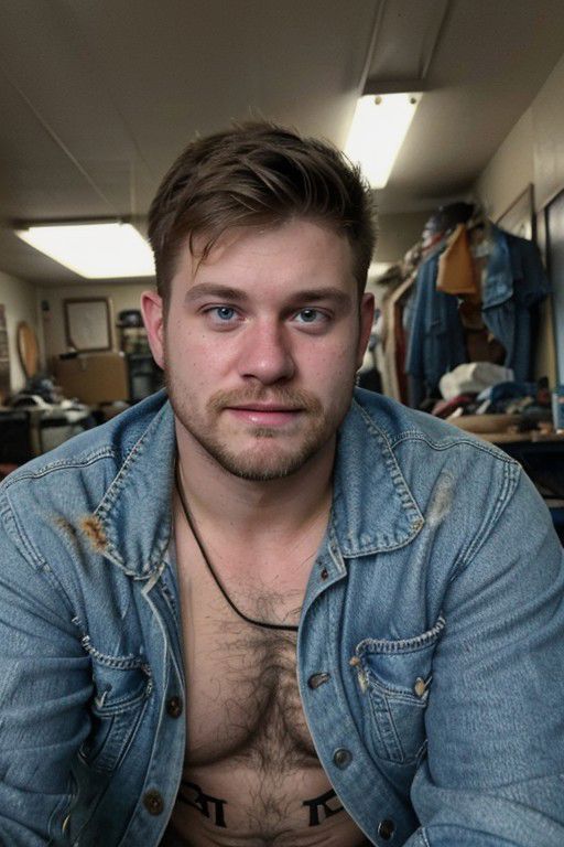 hyper realistic candid photo of a 24yo redneck male, average, (looking at camera:1.3), messy room, analog style, masterpiece, pubic hair, winking, short hair, slightly hairy chest, denim jacket, selfie, bulge