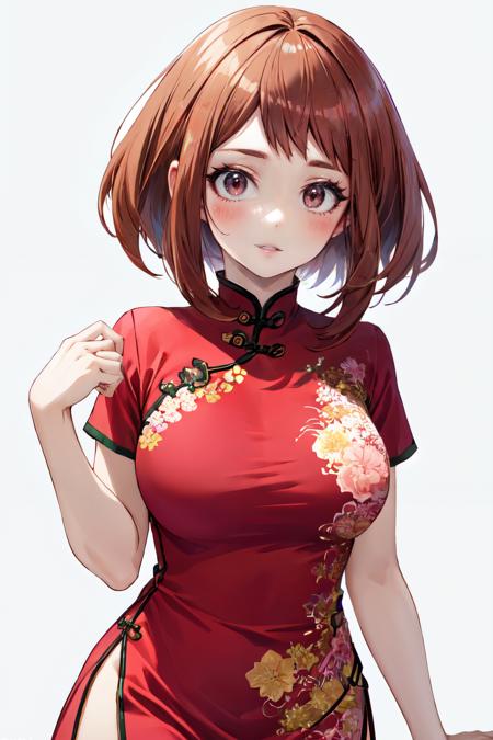 uraraka ochako, short sleeves, looking at viewer, parted lips, large breasts, 1girl, blush, white background, solo, twitter username, dress, side slit, chinese clothes, floral print, simple background, china dress, pink dress<lora:uraraka_ochako:1>