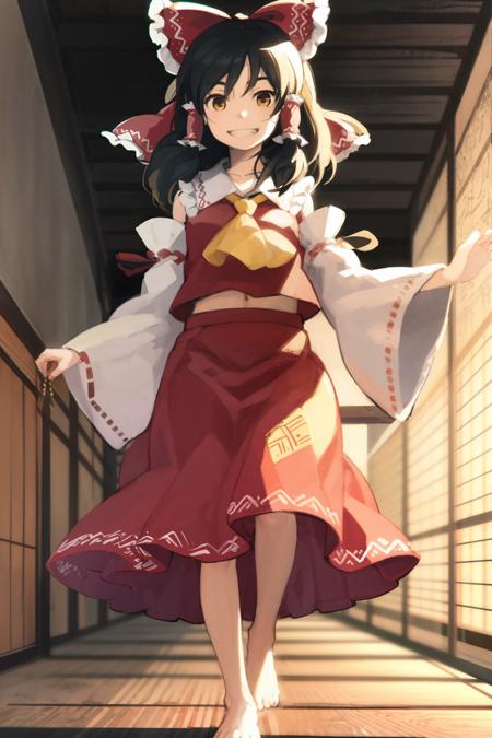 masterpiece, best quality, <lora:style06:1>,1girl, solo, hakurei reimu, gohei, bow, barefoot, hair bow, detached sleeves, red bow, ofuda, smile, black hair, ribbon, brown hair, hair tubes, walking, grin, ascot, skirt, feet, red skirt, brown eyes, oonusa