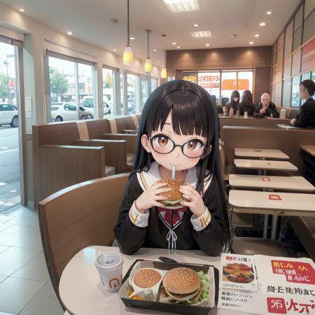 best quality, ultra-detailed, illustration,
makudo, indoors, scenery, poster (object), chair, ceiling light, window, ceiling, table, blinds, 
food, food focus, cup, burger, french fries, disposable cup, still life, cheese, drinking straw, bread, drink, tray, table, chair, 
1girl, glasses, black hair, long hair, brown eyes, school uniform, school bag, blush, looking at viewer, sitting,
<lora:McDonald_JP_indoors_SD15_V2:0.8>