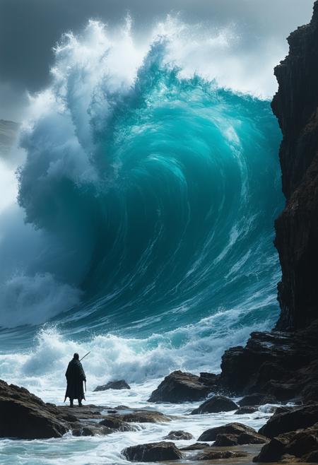 Extreme low-angle: a solitary, desaturated obsidian watcher, frozen mid-gesture, observes colossal, cataclysmic turquoise waves exploding against jagged basalt cliffs. Caravaggio's tenebrism, Hokusai's dynamic force. Dramatic chiaroscuro sculpts the monochrome watcher; intensely saturated, energetic impasto defines the vibrant waves. Glistening obsidian, frothy water. Harsh directional light, deep shadows. Awe-inspiring power, suspended impact. Air thick with crystalline salt spray, frozen mid-air. Stillness against chaos.