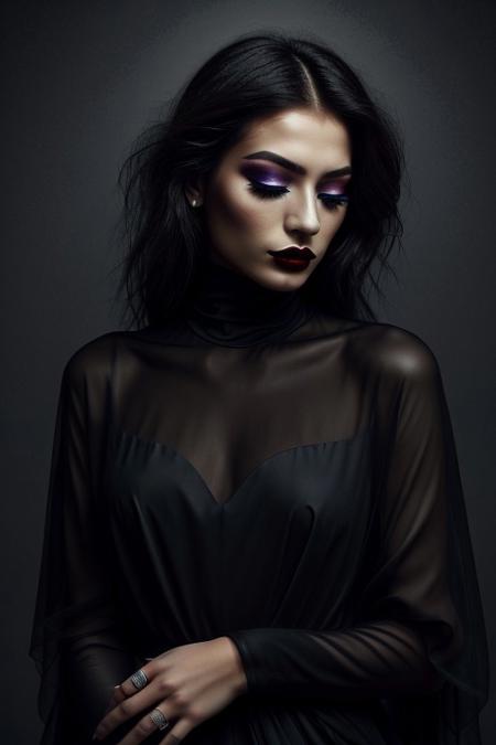 The image is a high-resolution photograph of a person with an ethereal, surreal aesthetic. The subject is a woman with a striking, statuesque appearance, her face and body draped in a dark, almost black, high-fashion ensemble. She has her eyes closed, giving an impression of serenity or contemplation. Her makeup is dramatic, with dark, matte lipstick and eyeshadow that matches the dark tones of her attire.