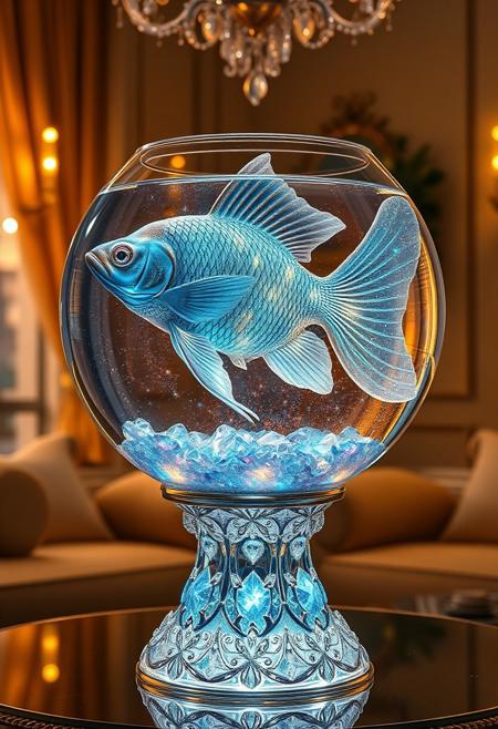 In a breathtaking, hyper-realistic image, a majestic fish swims in a crystal-clear fishbowl, its scales shimmering with a cosmic pattern that seems to mirror the stars and galaxies of the universe. The scales glimmer with a soft, ethereal light, as if they're infused with stardust. The fish's body is rendered in exquisite detail, with delicate fins and a flowing tail that seems to ripple the water. The fishbowl itself is a work of art, with a gem-encrusted pedestal that seems to glow with an inner light. The pedestal is adorned with intricate, swirling patterns that evoke the mysteries of the cosmos. The water in the bowl has a cosmic quality to it, with shimmering, iridescent hues that seem to shift and change as the fish swims. The surrounding environment is a warm, cozy room, with soft, golden lighting that casts a gentle glow on the fishbowl. The room's decor is elegant and refined, with plush furnishings and delicate, crystal ornaments that seem to sparkle in the light. The overall effect is one of serene, otherworldly beauty, as if the fish and its cosmic scales have transported the viewer to a realm beyond the ordinary. Highest-Quality, 4k, intricate details, visually stunning, Masterpiece