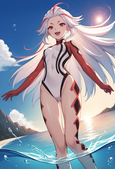 tsfaiba long white hair, very long hair, streaked hair, red eyes, glowing eyes, white outfit, red arms, bare legs, barefoot, leg tattoo