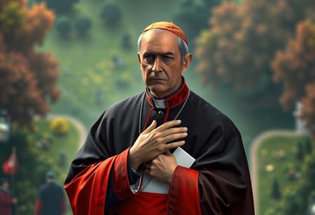 "Create a 4K ultra-high-resolution masterpiece depicting a solemn cardinal in traditional black-and-red ceremonial attire. The cardinal should be shown in a dynamic action pose with his right hand over his chest and left hand holding a white document. The composition must follow the golden ratio with isometric perspective, featuring a beautifully detailed background of blurred greenery and distant figures. Render the image using Unreal Engine 5 with Octane Render technology to achieve lifelike textures in the cardinal's robe and zucchetto. Apply Raphael's classical aesthetics combined with Houdini's procedural detail work, while incorporating Grammer Effect lighting for dramatic impact. The face should exhibit meticulous detail with expressive eyes conveying both authority and contemplation. Use a harmonious color palette with vibrant red accents against deep black and natural green tones. Ensure the final piece meets ArtstationHQ trending standards with balanced editing and sharp brush strokes."