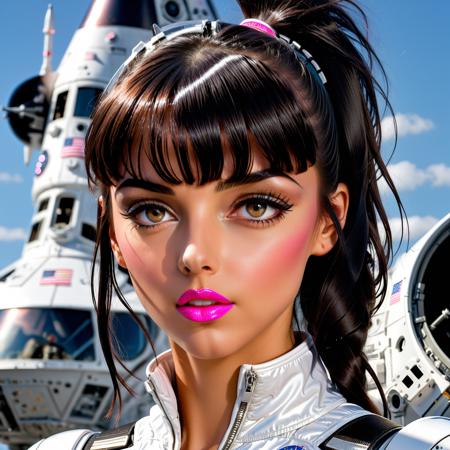 photograph profile of smm, seductive, posing, parted lips, (luscious lips:1.1), winking, wear astronaut suit, up (close photo:1.2) (beautiful face:1.1), amazing body, large breasts, sexy, (detailed eyes:1.1),  (ponytail black hair with bangs:1.2), beautiful eyes, up close, (absurd res:1.1), a missile launch platform in the background, casting shadows, intricate eyes, intricate face, hyper detailed eyes, brown eyes, barbarella style, pink lips <lora:smm_BrandyNash_SDXL_LORA_v061:0.75>