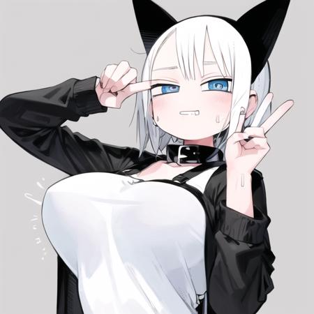 1girl, flat colored, detailed eyes, big breast, slender, animal collar, sweat drops, smug, looking_at_viewer, , simple background, peace sign , abtm, ;b