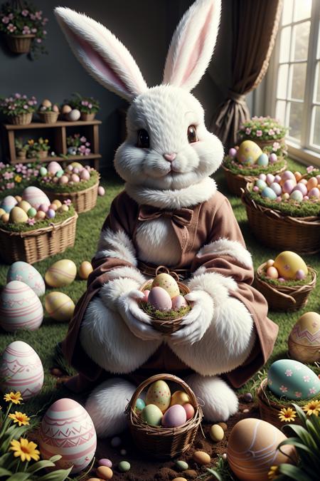 ral-mythcr, easter bunny sitting in a flourishing garden with easter eggs <lora:ral-mythcr-sd15:1>