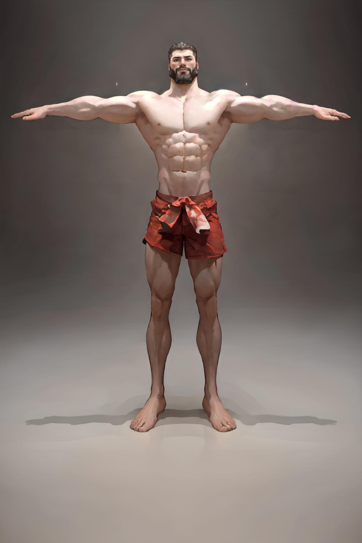A 3D model of a muscular man with a red shorts and white shirt.