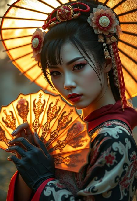 cyberpunk assassin geisha with a ornate Gunsen fan that glow in the golden hour light.   eye catching, drab eye catching, realistic, hyper realistic, real life, analog style, raw, photo, masterpiece, best quality, (highly detailed skin), from eyes level, unique angle, unique perspective, dramatic angle,serious expression, (outdoors), scenery, dappled lighting, (backlighting:0.7)