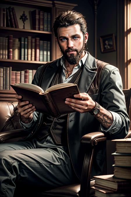 ((masterpiece, best quality))
<lora:add_detail:0.8>
 <lora:FarCry5John:0.8>
FarCry5John, 1boy, solo, brown hair, blue eyes, beard, In a cozy, well-lit library, reading a book while dressed in classic, refined attire