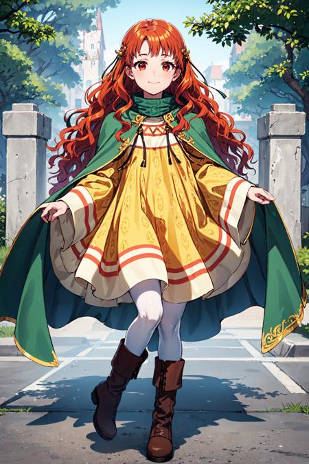 on tiptoes,upper body,<lora:yuneV1:0.8>,yune, yellow dress, green cape, light smile,  boots,white pantyhose,brown footwear,long sleeves, cloak,outdoors, (masterpiece, best quality, ultra-detailed, best shadow)