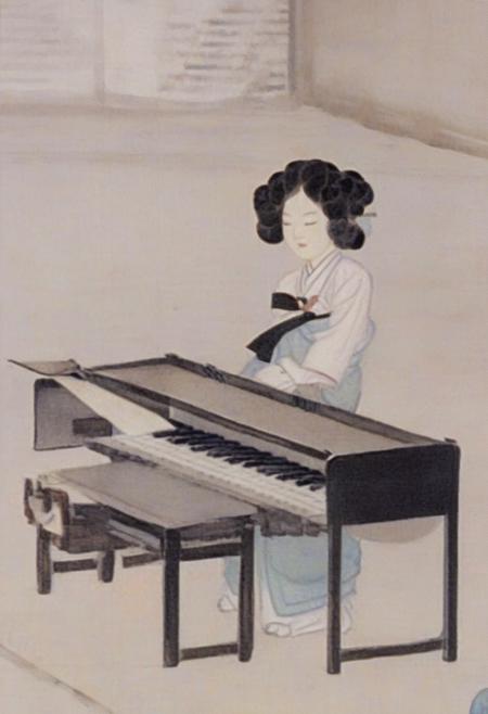 shinyunbok painting, a girl playing piano <lora:yunbok:1>