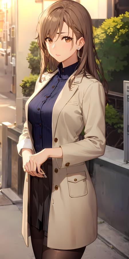 (masterpiece:1.2, best quality), (finely detailed beautiful eyes: 1.2), cowboy shot,   (extremely detailed CG unity 8k wallpaper, masterpiece, best quality, ultra-detailed, best shadow), (detailed background), (beautiful detailed face, beautiful detailed eyes),  1girl, ninomiyashizuku, brown eyes,  long hair, blue shirt,  jacket, skirt ,black pantyhose, black thighhighs,    jewelry, earrings,  High contrast, beautiful sexy woman, adult, (best illumination, an extremely delicate and beautiful),(simple backround, outdoors,front on ), looking at viewer,beautiful detailed glow,