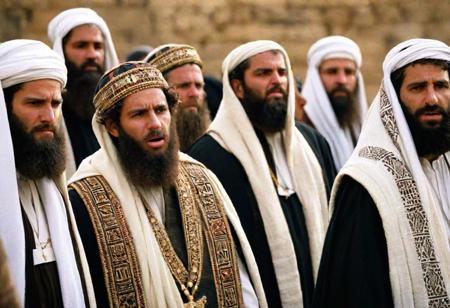dozen pharisees gathering, arguing and plotting something, aggression and hate on their faces, threatening gaze,
at  Sanhedrin court, epic biblical depiction, 35BC era,  a scene depicting a group of Pharisees clad in traditional Jewish garments, including robes, prayer shawls, and tunics, adorned with conspicuous fringes and phylacteries strapped to their left arms and foreheads. Their expressions should convey a mix of intensity, piety, and perhaps a hint of aggression, capturing the essence of their strict adherence to religious laws and traditions. The setting should evoke a sense of heated discussion or argument among the Pharisees, emphasizing their distinctive clothing styles and symbols that defined their appearance in historical contexts.
intricate details, natural skin, sharp focus, ultra wide angle, 35mm telephoto,