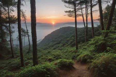 raw photo, a sunset landscape, (Hyrcanian Forests: 1.39) (temperate-rainforest), Iran, Caspian sea, cozy, photorealistic, high detailed texture, 8k uhd, dslr, soft lighting, high quality, film grain, Fujifilm XT3, Sony A7 IV, highly detailed photography, (muted colors, cinematic, dim colors, soothing tones:1.2), vibrant, insanely detailed, hyperdetailed, (dark shot:1.2), (vsco:0.3), (intricate details:0.9), (hdr, hyperdetailed:1.2) (highest coherency: 1.39) (highest quality: 1.39) (rule of Thirds) (award winning) (breathtaking) (masterclass) (vibrant color: 0.79) (mist: 0.79) (distant sea: 1.29) (steep rocky hills: 0.89) (sharp focus foreground), (perfect: 1.1) (shepherds path)