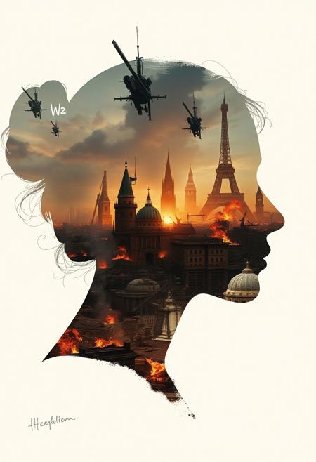 Abstract style dystopian future with elements of an apocalyptic war inside the silhouette of a womans head that is a double exposure photograph . Non-representational, colours and shapes, expression of feelings, imaginative, highly detailed