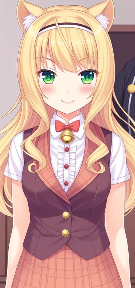 <lora:feng:0.4> feng-all,1girl, animal ears, long hair, green eyes, blonde hair, cat ears, bell, blush, jingle bell, looking at viewer, neck bell, bow, plaid, short sleeves, hairband, bowtie, smile, v-shaped eyebrows, center frills, frills, shirt, solo focus, vest, white shirt, breasts