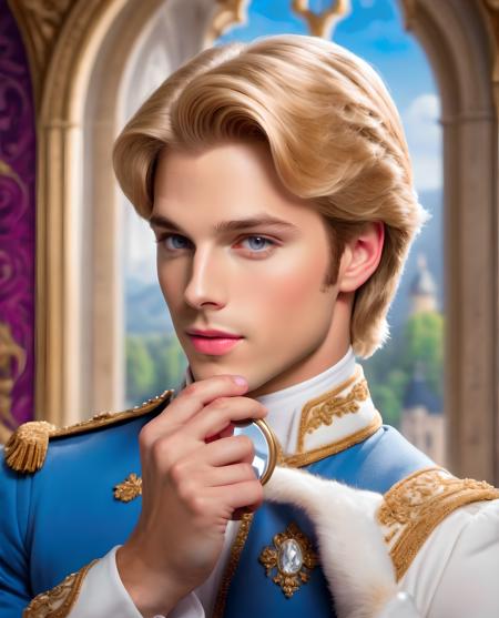 <lora:Prince_Charming_-_Shrek:1> Prince Charming from Shrek Movies , cinematic cartoon scene, looking at hand mirror, holding a hand mirror, interior royal palace background, seductive, sexy, day time, 4k, 8k, HD, high quality, masterpiece,  best quality, , minmax face, majestic face, sexy face, blonde hair,  Photograph, HD, photo,