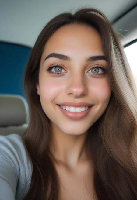 The image is a high-resolution photograph of a young woman taking a selfie in what appears to be a bedroom. She has a light olive skin tone and long, dark brown hair styled in loose waves. Her facial features include full lips, a small nose, and expressive brown eyes. She is making a peace sign with her right hand, which is raised slightly above her head.
The image is a high-resolution photograph of a young woman with a light skin tone, likely in her early twenties, sitting on a modern, grey upholstered couch against a plain blue wall. She has long, straight brown hair that falls over her shoulders and striking blue eyes. Her facial features are delicate, with a subtle, natural makeup look. She has a small nose ring and a subtle, confident smile.
The image is a high-resolution photograph of a young woman taken from a low-angle perspective, looking up at her from inside a car. She has a light skin tone and long, platinum blonde hair that falls loosely around her face. Her facial features are youthful, with a prominent nose and full lips, which she is sticking out in a playful, exaggerated manner.