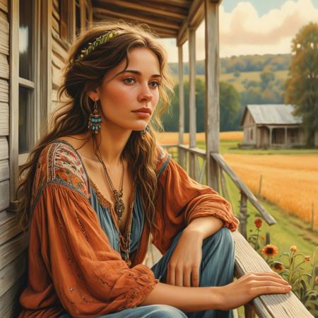 Drawing. Warm tones.
Closeup of a sweet bohemian woman on the porch of a rustic farmhouse in the countryside.
<lora:CountryComfort01a_CE_XL_300-OT:0.4> cntrycmfrtCE_style