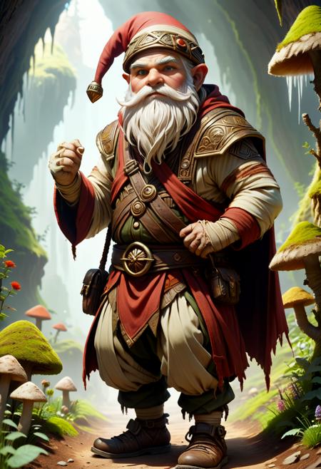 hyper detailed masterpiece, dynamic, awesome quality, male  gnome, small humanoid creature, stocky and stout appearance, long white beard, pointed hat, red or earth toned, rounded belly, rosy cheeks, practical earthy clothing, connection to earth and nature, underground settings, craftsmanship, earth magic, earth and minerals, wrapped in bandages <lora:DonMM00m13sXL:1>