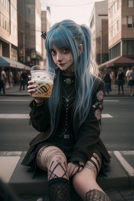 4K,8K. An attractive american gothic punk girl, with black punk fitting clothes, chestnut very long wavy hair, wide dreamy light blue eyes, wide smile, face close up, (holding a bubble tea,) (dynamic sitting pose, on the street)