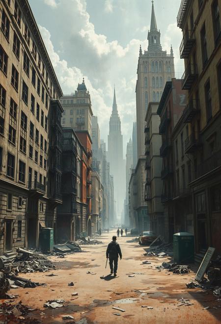A dreamlike, abandoned city where the buildings seem sketched onto the sky, while solitary travelers walk below, blending seamlessly into the earth as if part of the landscape.
Old Master-inspired realism meets stencil-based street art, dramatic chiaroscuro lighting with gritty urban textures, muted Renaissance color palette blending with high-contrast political imagery, classical portraits infused with modern rebellion, haunting and introspective storytelling