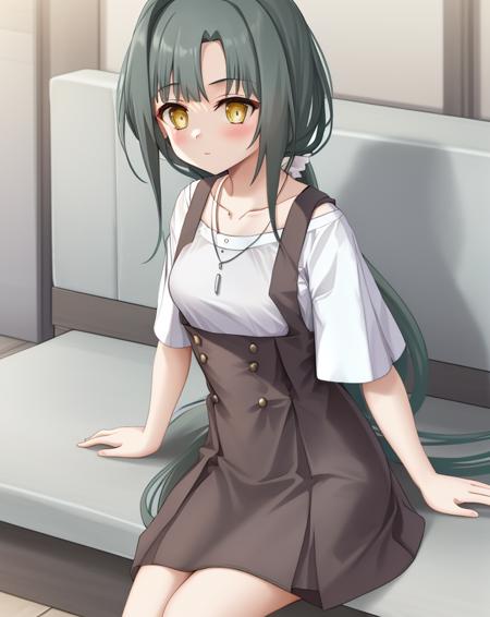 <lora:Yokote_Matsuri-10:0.8>,1girl, solo,shirt,dark green hair,dress, very long hair, yellow eyes, white shirt, short sleeves, necklace, pinafore dress,grey socks,