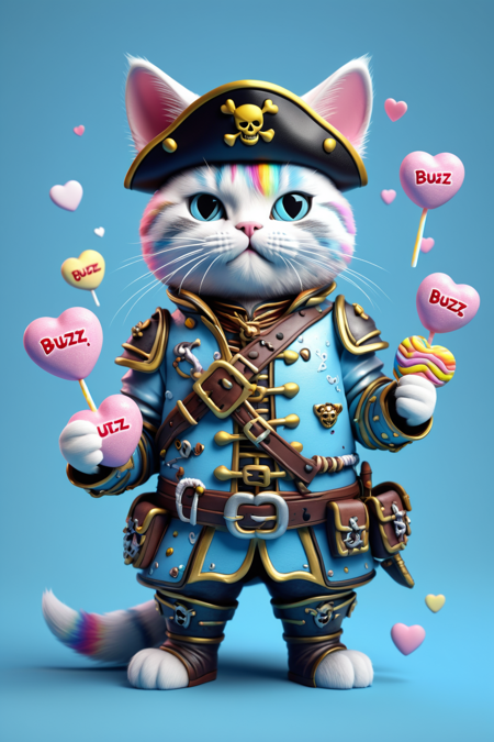 lazympos,a 3D cute Pirate cats made from candyhearts armor,breathing rainbows,magic,sci fi,energy,text "buzz",<lora:Candyhearts-15:0.7>,(Powder blue background),Professional,modern,masterpiece,super realistic,highly detailed,<lora:TrendCraft_The_Peoples_Style_Detailer-v1.0A-3_13_2025-illustrious:0.7>,<lora:lazympos:1>
