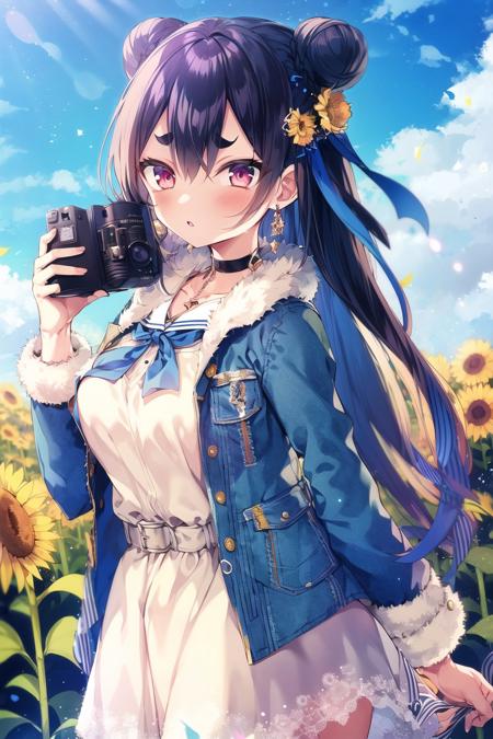 1girl, usada pekora, virtual youtuber, solo, long hair, jacket, thick eyebrows, sunflower, blue jacket, holding, red eyes, blue hair, outdoors, hair bun, flower, looking at viewer, day, sky, food-themed hair ornament, white choker, blue sky, hair ornament, open clothes, ribbon, bangs, open jacket, long sleeves, hair ribbon, carrot hair ornament, animal ears, blue neckerchief, white sailor collar, rabbit ears, blue ribbon, choker, cloud, fur-trimmed jacket, dress, standing, fur trim, belt, white dress, short eyebrows, neckerchief, blush, holding camera, from side, white belt, cowboy shot, sailor collar, breasts, closed mouth, field, camera, flower field, denim, parted lips, official alternate costume, medium breasts, earrings, denim jacket, single hair bun, white skirt, shirt, yellow flower, double bun, white shirt, multicolored hair, skirt