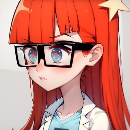 ((masterpiece, best quality)),(complex lighting), solo, 1girl, portrait,Susan test, glasses,long hair,red hair, labcoat,blue eyes,simple background, hair ornament,<lora:susanTest14-10:0.8> ,star logo shirt