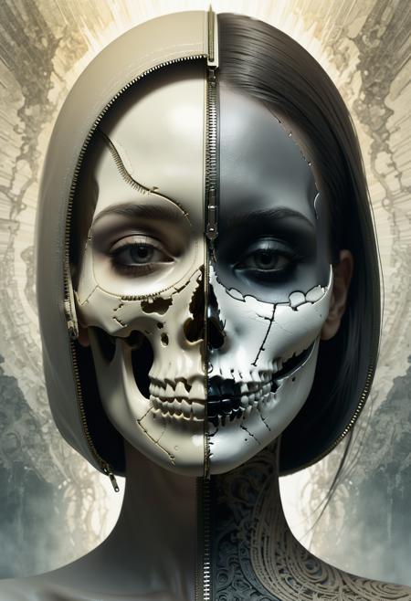 surrealistic female head  divided into two parts by zipper,  cross section, on part of face is alive, another part  of face is skull, muted color palette, god rays, atmospheric haze, front view<lora:detailed_notrigger:1> OverallDetailXL