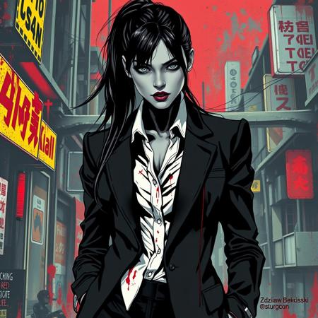 This is a flat-color splash art of a monochrome, lineart serial killer woman, dressed in a blood-stained black business suit. Her long hair is tied back in a ponytail. She stands tall against the colorful backdrop of the slums of the red light district, creating a dramatic contrast between color and monochrome. The style reflects cyberpunk aesthetics, with bold brush strokes and splashes of paint adding intensity to the expressionism in the style of the artist. 
(((Art by Zdzisław Beksiński))))