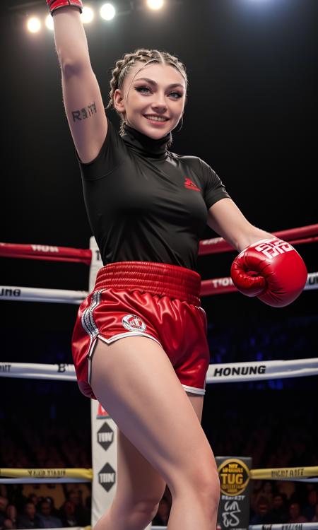 justAMinx2024, 1girl, best quality, masterpiece, 5 fingers, depth of field, raw photo, photorealistic, turtleneck, walking, depth of field, long hair, looking at viewer, skin pores, focus on eyes, mascara, short braids, short hair, boxing gloves, white t-shirt, red shorts, boxing ring, boxing boots, full body, victory pose, smile,