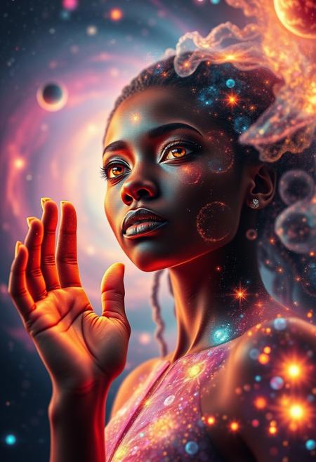 a close-up shot of an ethereal star African woman with eyes body and face glowing like galaxies, surrounded by swirling, vibrant cosmic colors, vibrant star planet,  ultra-detailed and photorealistic rendering, soft ambient lighting, starry nebulae in the background, dynamic and radiant color gradients, glowing reflections, cinematic composition, surreal and otherworldly atmosphere, intricate facial features, flowing hair infused with cosmic energy, luminous and ethereal, celestial radiance, soft yet detailed textures, otherworldly beauty
looking up, hand out stretched palm up as if inviting the viewer to join her