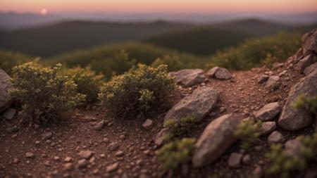 mountain trail, in forest, plant close-up, highly detailed, shot on Canon EOS 5D, best quality, 85mm lens, shallow depth of field, soft lighting, sunset colors, cinematic composition,
