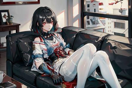 xueyi, outfit, claws, (lying, on back), (expressionless:1.3), (white pantyhose:1.2), black hair, colored inner hair, red eyes, indoors, living room, couch,  <lora:XueyiHSRLora-09:0.8>,  <lora:GoodHands-vanilla:1>