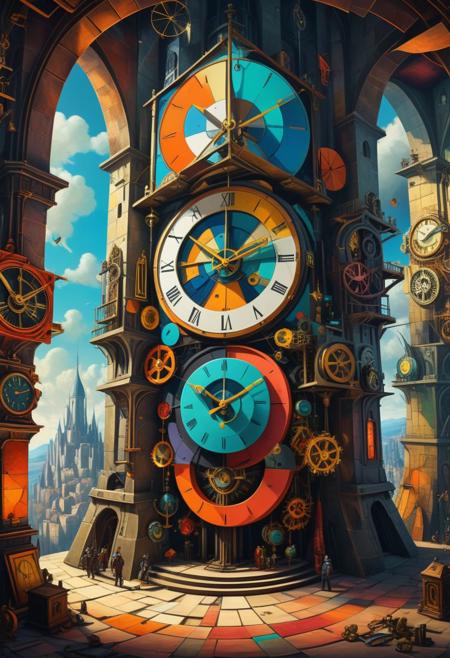Clockpunk alchemist in the tower creating colorful landscapes,Cubism,picasso,futurism,clocks,evocative image, a masterpiece of surrealism mixed with modern art illustration, (dramatic lighting:1.1), hyperdetailed, hyperrealistic, 8k, high quality, hi res, best quality, high quality, absurd res, volumetric lighting, reflections, polished, intricate, soft warm lighting,